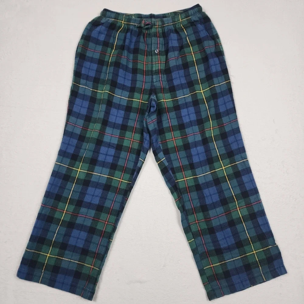 LL Bean Pajama Set Mens Medium Regular Blue Plaid Flannel Button Up Pants